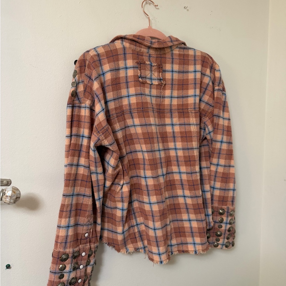 Free People We The Free Happy Hour Oversized Flannel Shirt Tan Blue - Picture 6 of 6